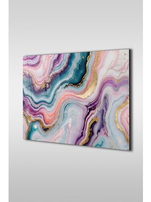 Marsilyan Pastel Tonlar ve Gold Detaylı Soyut Mermer Desen Yatay Cam Tablo
