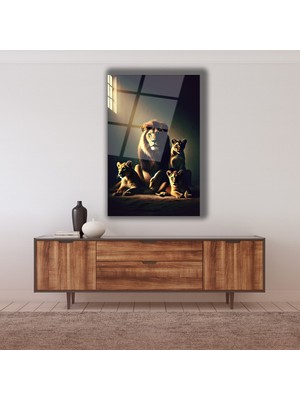 Marsilyan Dikey Aslan Ailesi Cam Tablo