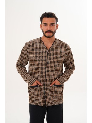 Çift Kaplan Erkek Yıldızlı Önden Düğmeli Kahverengi Pijama Takımı 8034