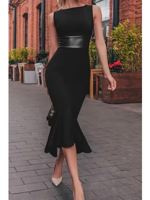 Mossta Deri Detaylı Volanlı Midi Krep Elbise Siyah