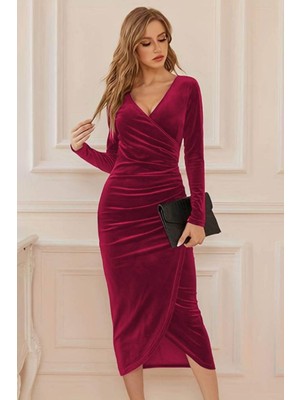 Mossta Kruvaze Yaka Bel Büzgü Detay Midi Kadife Elbise - Kırmızı