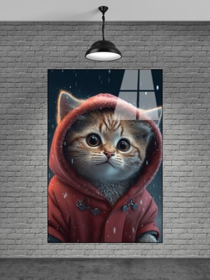 Marsilyan Kırmızı Kapşonlu Tatlı Kedi Cam Tablosu