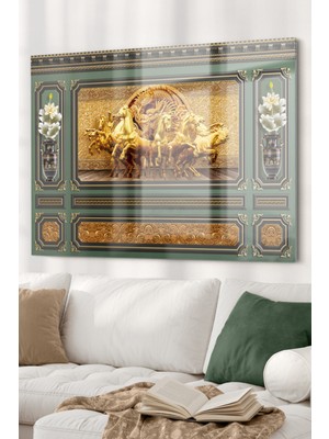 Marsilyan Gold Detaylı At Heykelleri ve Çiçek | Hayvan Temalı Cam Tablo | 50X70 cm