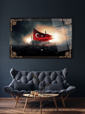 Marsilyan Dalgalanan Türk Bayrağı ve Cami Cam Tablo , Modern Ev Ofis Salon Duvar Dekoru Büyük Tablo ,hediyelik