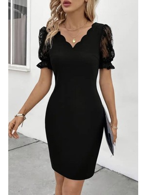 Mossta Kolları Dantel Detaylı V Yaka Krep Elbise Siyah