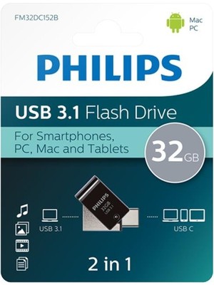 Philips Phılıps FM32DC152B, 32GB, USB 3.1 ve Type-C, Ikisi Bir Arada, Gece Siyahı, Flash Disk