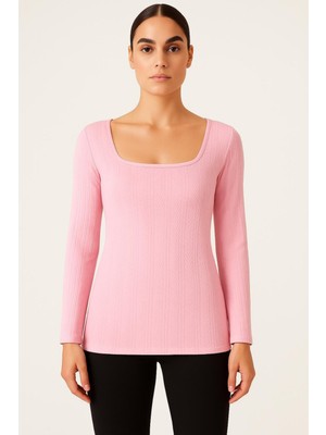Büyük Beden Kare Yaka Uzun Kol Ribana Bluz-Pembe