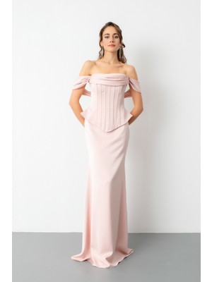 Lafaba Kadın Pudra Kayık Yaka Balenli Peplum Kesim Saten Abiye Elbise