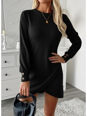 Mareandpanda Kadın Uzun Kollu Bisiklet Yaka önden Asimetrik Kesim Detaylı Mini Yumoş Elbise