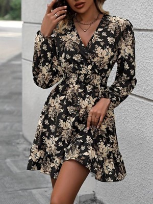 Bosel Kadın Uzun Kollu Kruvaze Yaka Beli Gipeli Çiçek Desenli Kısa Dalgıç Elbise