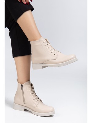 Zerenyus ZRİN165-225 Premium Bej Cilt Bağcıklı Fermuarlı Günlük Kadın Bot