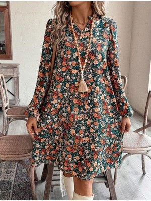 Mareandpanda Kadın Uzun Kollu V Yakalı Desenli Modal Mini Elbise