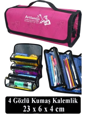 Artlantis 4 Gözlü Kalem Çantası 1 Adet Dört Bölümlü Kalemlik Sanatsal Şeffaf Bölmeli Kulplu Taşınabilir Kumaş Kalemlik