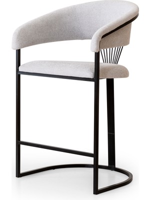 Nukzi Rüya 2'li Set Lüks Bar Sandalyesi, Siyah Metal Ayaklı Tel Sırt Detaylı Kumaş Kaplama Mutfak Adası Sandalyesi - Açık Gri