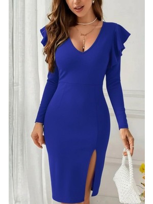 Mossta V Yaka Fırfırlı Yırtmaçlı Midi Ithal Krep Elbise - Saks