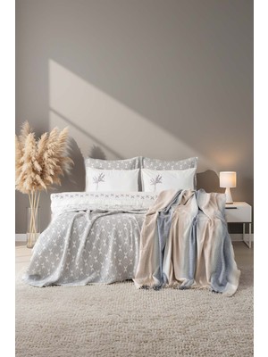 Mode Gri Nakışlı Çift Kişilik Nevresimli Battaniye Seti - 8 Parça Çeyiz Seti