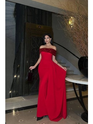 Mossta Omuz Dekolteli Payetli Uzun Abiye Elbise - Kırmızı