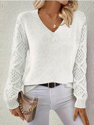 Ezel Glory Kadın Uzun Kollu V Yaka Kol Delikli Baklava Desen Detaylı Triko Kazak