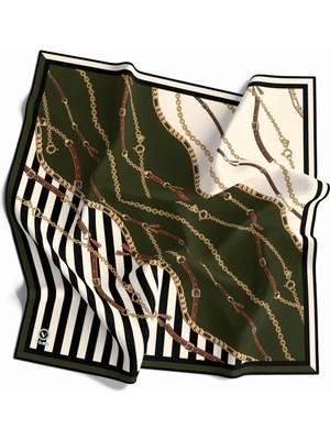 Violla Twill Çizgili Zincir ve Kemer Desenli Haki Yeşili Renkli 90X90 Eşarp (Ipek Içermez) Kenar Dikiş Şekli El Dikişli