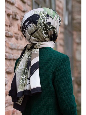 Vissona Lüks Medine Ipeği Leopar Desenli Krem - Haki Yeşili Renkli 75X195 Kırışmaz Şal Moss Krep Dikiş Tipi Italyan Dikişli
