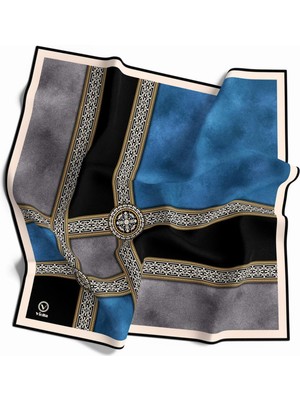 Violla Twill Geometrik Desenli Turkuaz Renkli 90X90 Eşarp (Ipek Içermez) Kenar Dikiş Şekli El Dikişli