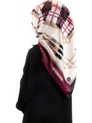 Violla Twill Ekoseli ve Zincir Desenli Mürdüm Renkli 90X90 Eşarp (Ipek Içermez) Dikim Şekli : El Dikişi