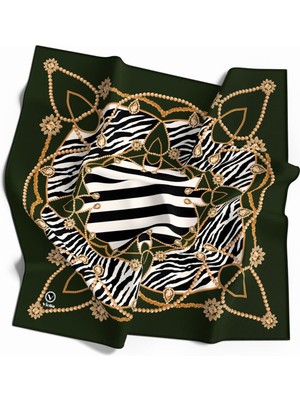 Violla Twill Gold Detaylı Zebra Desenli Zümrüt Yeşili Renkli 90X90 Eşarp (Ipek Içermez) Kenar Dikiş Şekli El Dikişli