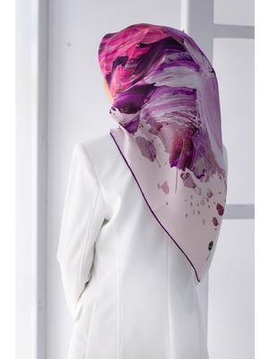 Vissona %100 Twill Ipek Fırça Darbesi Desenli Mor - Pembe Renkli 90X90 Eşarp Dikim Şekli : El Dikişi