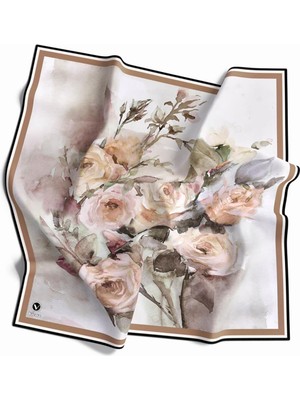 Violla Rayon Çiçek Desenli Bej Renkli 90X90 Eşarp (Ipek Içermez) Kenar Dikiş Şekli El Dikişli