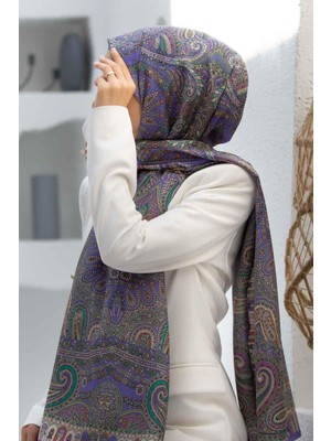 Vissona 100% Ipek Etro Desenli Mor Renkli Şal