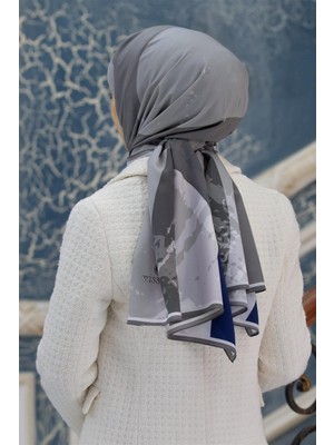 Vissona Lüks Medine Geometrik Desenli Gri - Indigo Renkli 75X195 Kırışmaz Şal Moss Krep Dikiş Tipi Italyan Dikişli