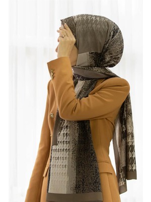 Vissona Lüks Medine Ipeği Kazayağı Desenli Taş Renkli 75X195 Kırışmaz Şal Moss Krep Dikiş Tipi Italyan Dikişli