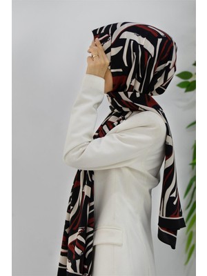Vissona Lüks Medine Ipeği Çizgi Desenli Bordo Renkli 75X195 Kırışmaz Şal Moss Krep Dikiş Tipi  Italyan Dikişli