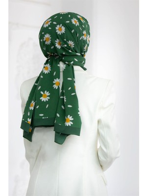 Vissona Lüks Medine Ipeği Papatya Desenli Zümrüt Yeşili Renkli 75X195 Kırışmaz Şal Moss Krep Dikiş Tipi Italyan Dikişli