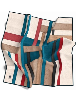 Violla Twill Renkli Şerit Desenli Petrol Mavisi Renkli 90X90 Eşarp (Ipek Içermez) Kenar Dikiş Şekli El Dikişli