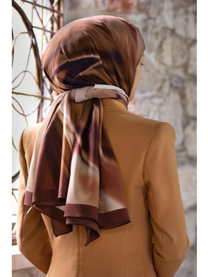 Vissona Lüks Medine Ipeği Dalga Desenli Bej - Taba Renkli 75X195 Kırışmaz Eşarp Moss Krep Dikiş Tipi Italyan Dikişli