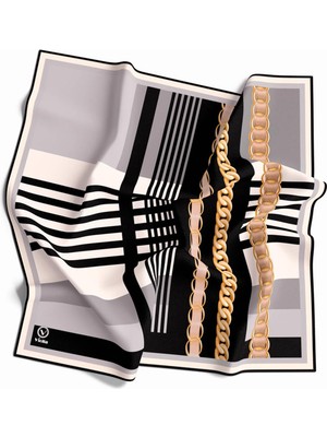 Violla Rayon Zincirli Çizgi Desenli Gri Renkli 90X90 Eşarp (Ipek Içermez)Kenar Dikiş Şekli El Dikişli