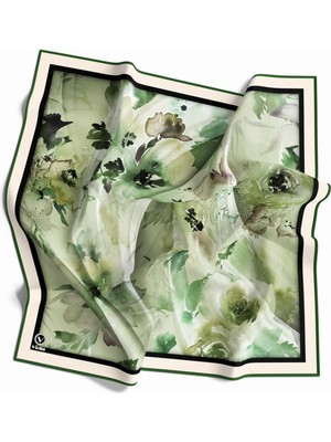 Violla Rayon Sulu Boyalı Çiçek Desenli Zümrüt Yeşili Renkli 90X90 Eşarp (Ipek Içermez) Kenar Dikiş Şekli El Dikişli