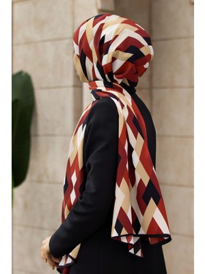 Vissona Lüks Medine Ipeği Geometrik Desenli Bordo - Siyah Renkli 75X195 Kırışmaz Şal Moss Krep Dikiş Tipi Italyan Dikişli