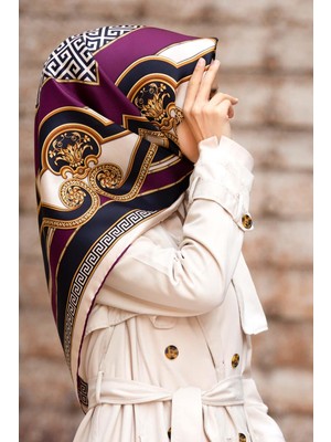 Vissona %100 Twill Ipek Barok Desenli Mürdüm - Lacivert Renkli 90X90 Eşarp Dikim Şekli : El Dikişi