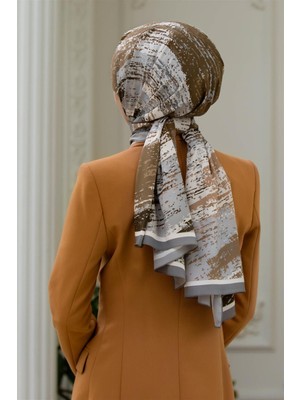 Vissona Lüks Medine Ipeği Fırça Desenli Gri Renkli 75X195 Kırışmaz Şal Moss Krep Dikiş Tipi Italyan Dikişli