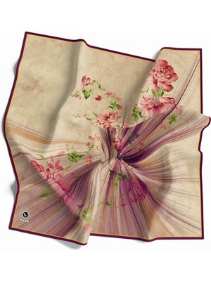 Violla Twill Çiçekli Desenli Mürdüm Renkli 90X90 Eşarp (Ipek Içermez) Kenar Dikiş Şekli El Dikişli