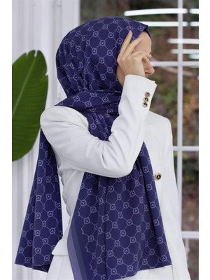 Vissona Lüks Medine Ipeği Monogram Desenli Lacivert Renkli 75X195 Kırışmaz Şal Moss Krep Dikiş Tipi Italyan Dikişli