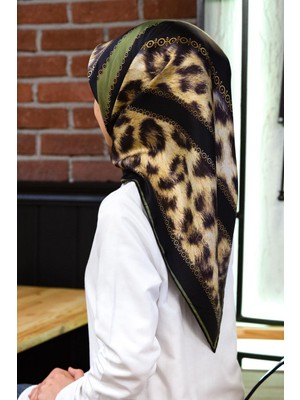 Vissona %100 Twill Ipek Leopar Desenli Haki - Siyah Renkli 90X90 Eşarp Dikim Şekli : El Dikişi