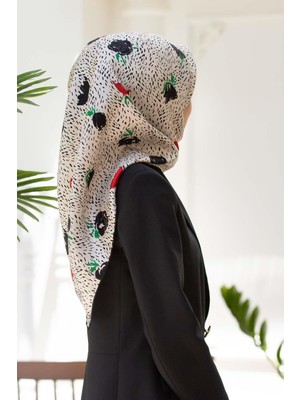 Vissona %100 Twill Ipek Çıtır Çiçek Desenli Kırmızı - Krem Renkli 90X90 Eşarp Dikim Şekli : El Dikişi