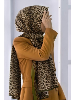 Vissona Lüks Medine Barok Bardürlü Leopar Desenli Bej - Haki Renkli 75X195 Kırışmaz Şal Moss Krep Dikiş Tipi Italyan Dikişli