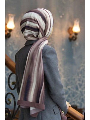 Vissona Lüks Medine Ipeği Sulu Boya Çizgili Desenli Gül Kurusu Renkli 75X195 Kırışmaz Şal Moss Krep Dikiş Tipi Italyan Dikişli