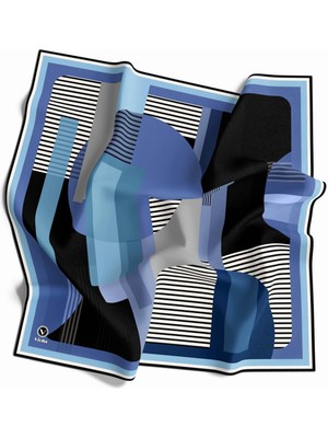 Violla Twill Çizgili ve Geometrik Desenli Bebe Mavisi Renkli 90X90 Eşarp (Ipek Içermez) Kenar Dikiş Şekli El Dikişli