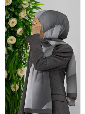 Vissona Lüks Medine Ipeği Tonsürton Desenli Gümüş Renkli 75X195 Kırışmaz Şal Moss Krep Dikiş Tipi  Italyan Dikişli