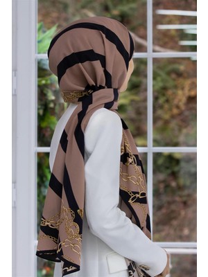 Vissona Lüks Medine Ipeği Çizgili ve Zincir Desenli Vizon - Siyah Renkli 75X195 Kırışmaz Şal Moss Krep Dikiş Tipi Italyan Dikişli